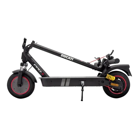 Trottinette électrique Ducati Pro 2 pliée, vue de profil, potence rabattue sur le plateau