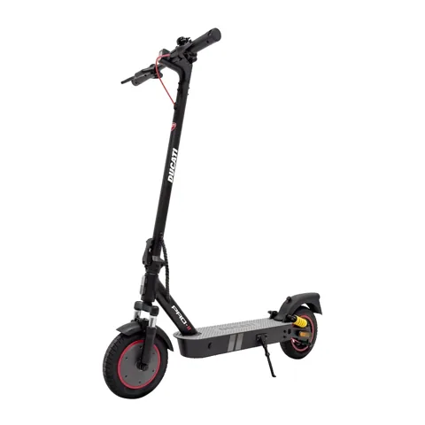 Trottinette électrique Ducati Pro 2 noire vue de trois quarts avant, guidon déplié