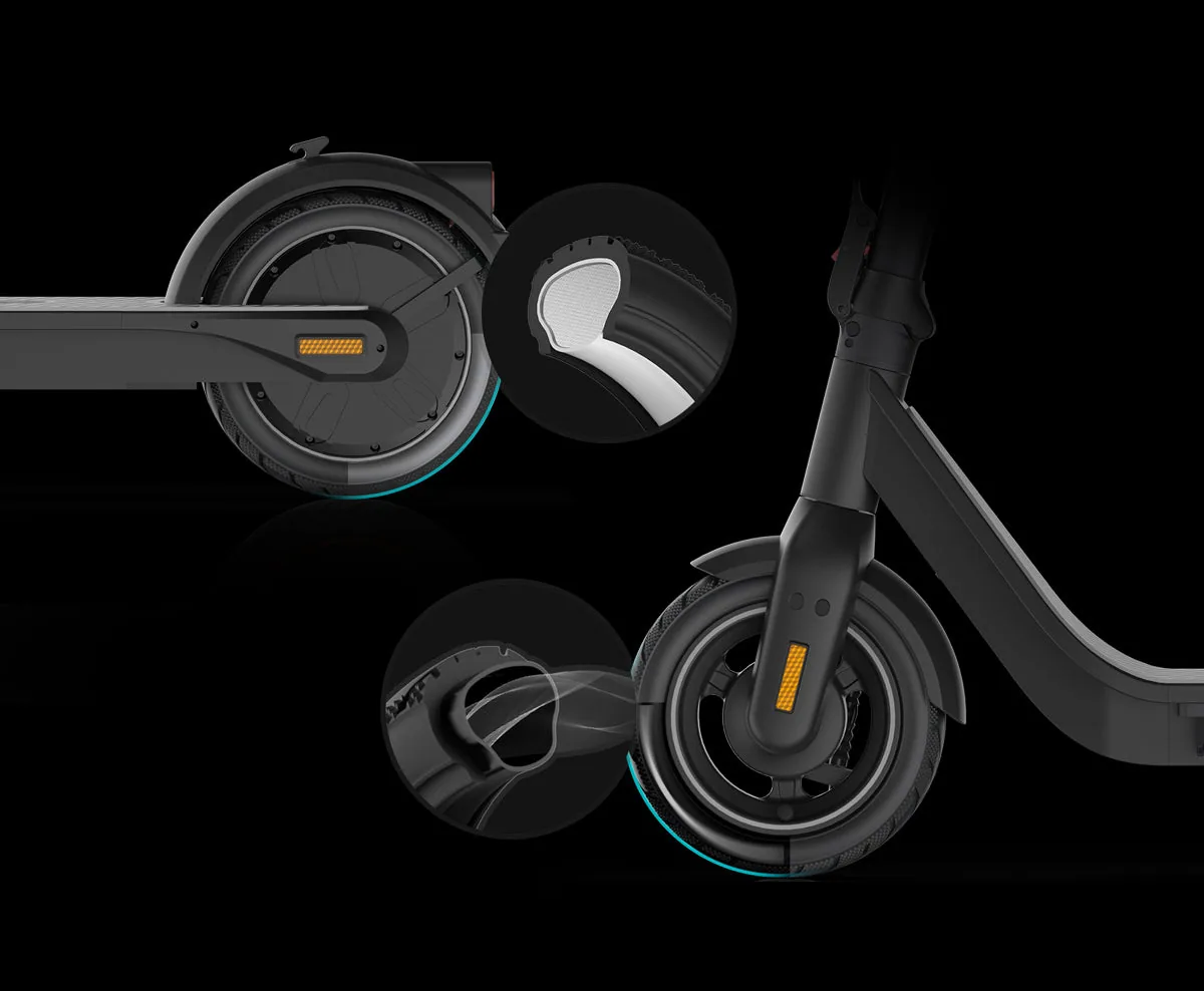Gros plans sur les roues avant et arrière de l'Inmotion Air, pneus de 10 pouces