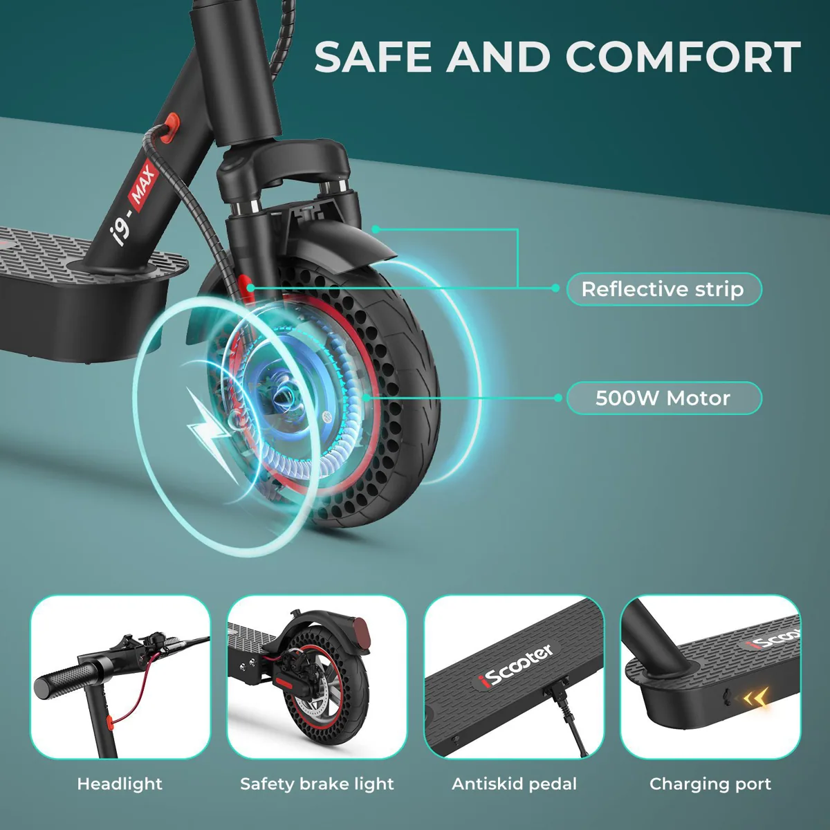 Image explicative de la marque : roue avant à bande réfléchissante, moteur 500 W, phare, feu stop, plateau et prise de charge de l'iScooter i9 Max