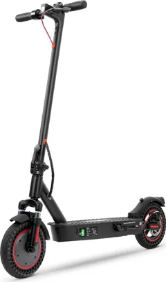Trottinette électrique iScooter i9 Max noire à jantes rouges, vue de trois-quarts avant, béquille sortie