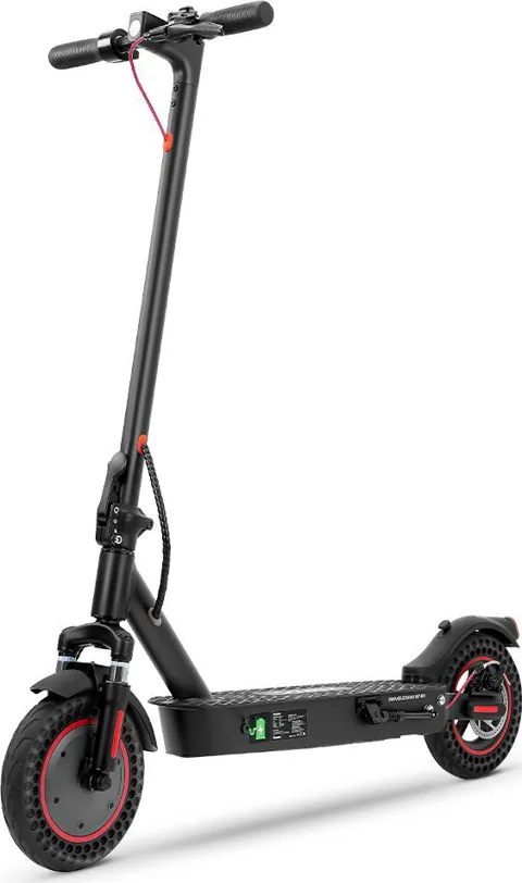 Trottinette électrique iScooter i9 Max noire à jantes rouges, vue de trois-quarts avant, béquille sortie