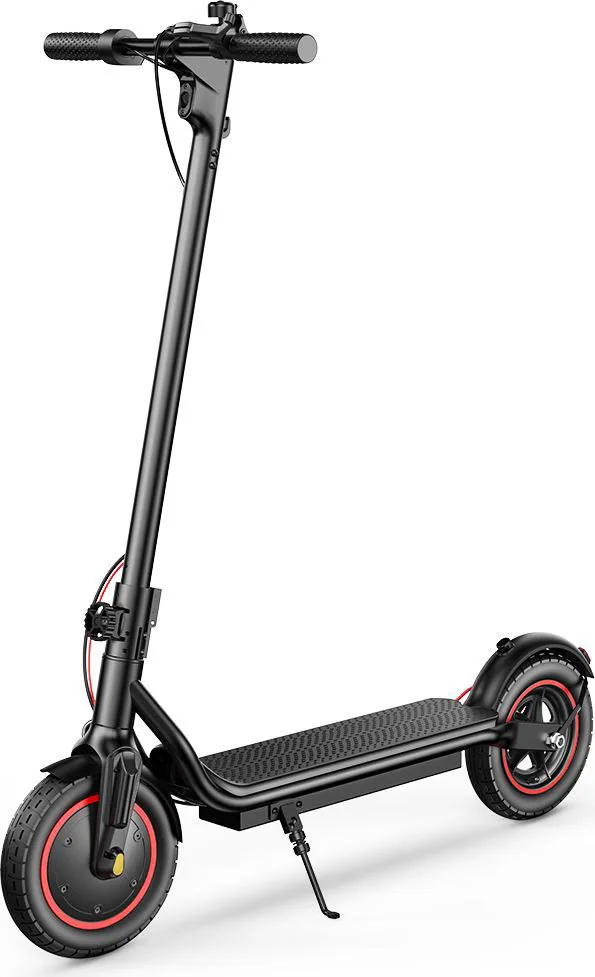 Trottinette électrique iScooter W6 noire à jantes rouges, vue de trois-quarts avant, béquille sortie