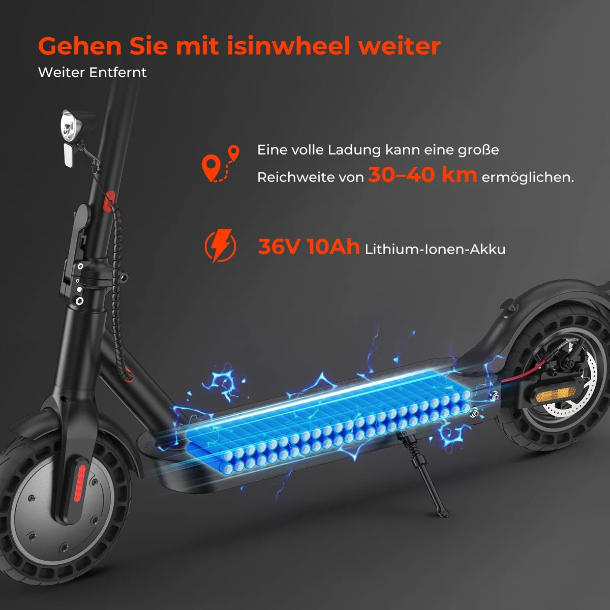 Batterie 36 V 10 Ah logée sous le plateau de l'isinwheel E9T Max, image explicative