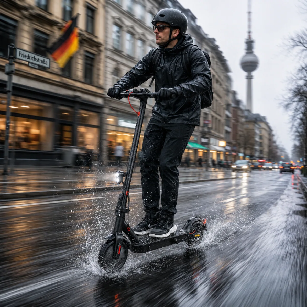 Homme casqué roulant sur une isinwheel E9T Max sur une rue mouillée de Berlin