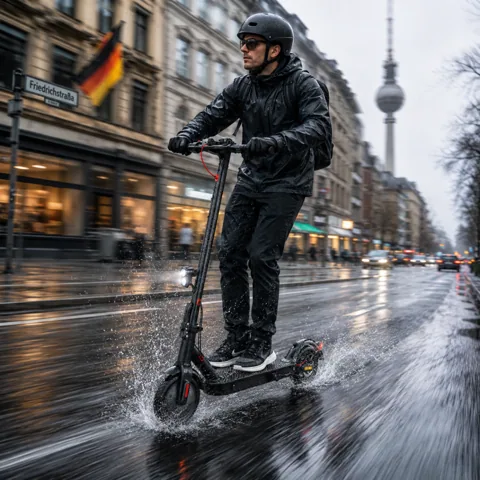Homme casqué roulant sur une isinwheel E9T Max sur une rue mouillée de Berlin