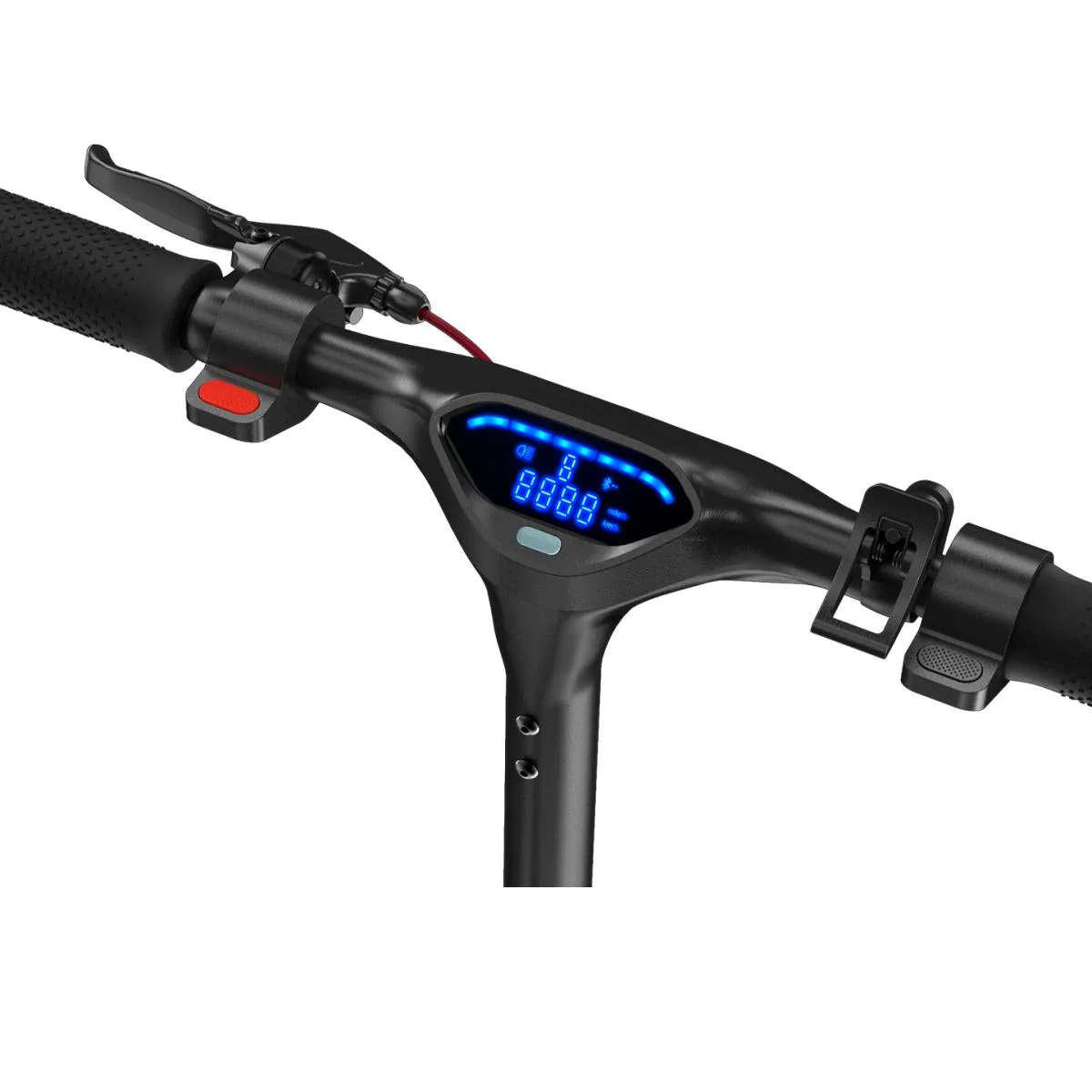 Gros plan sur le guidon de l'isinwheel E9T Max et son écran bleu