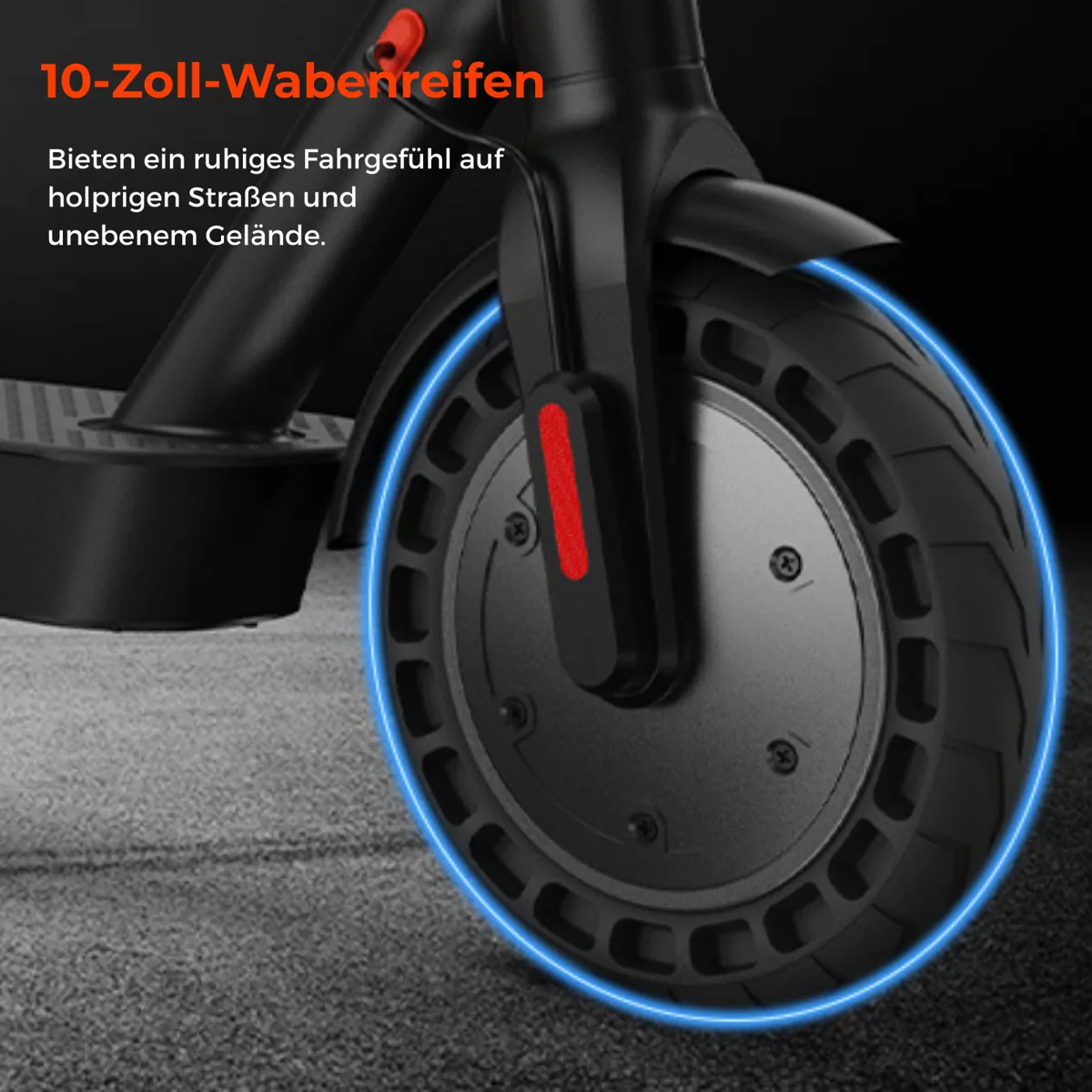 Gros plan sur le pneu plein de 10 pouces de l'isinwheel E9T Max