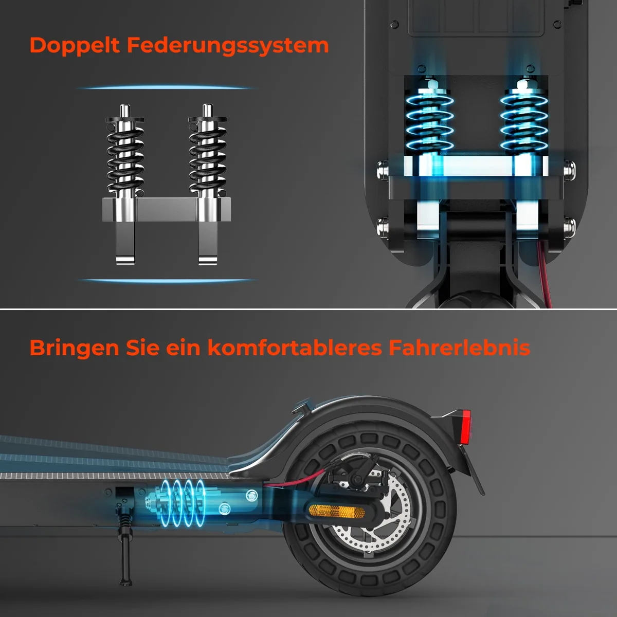 Double suspension de l'isinwheel E9T Max, image explicative avec gros plans des amortisseurs
