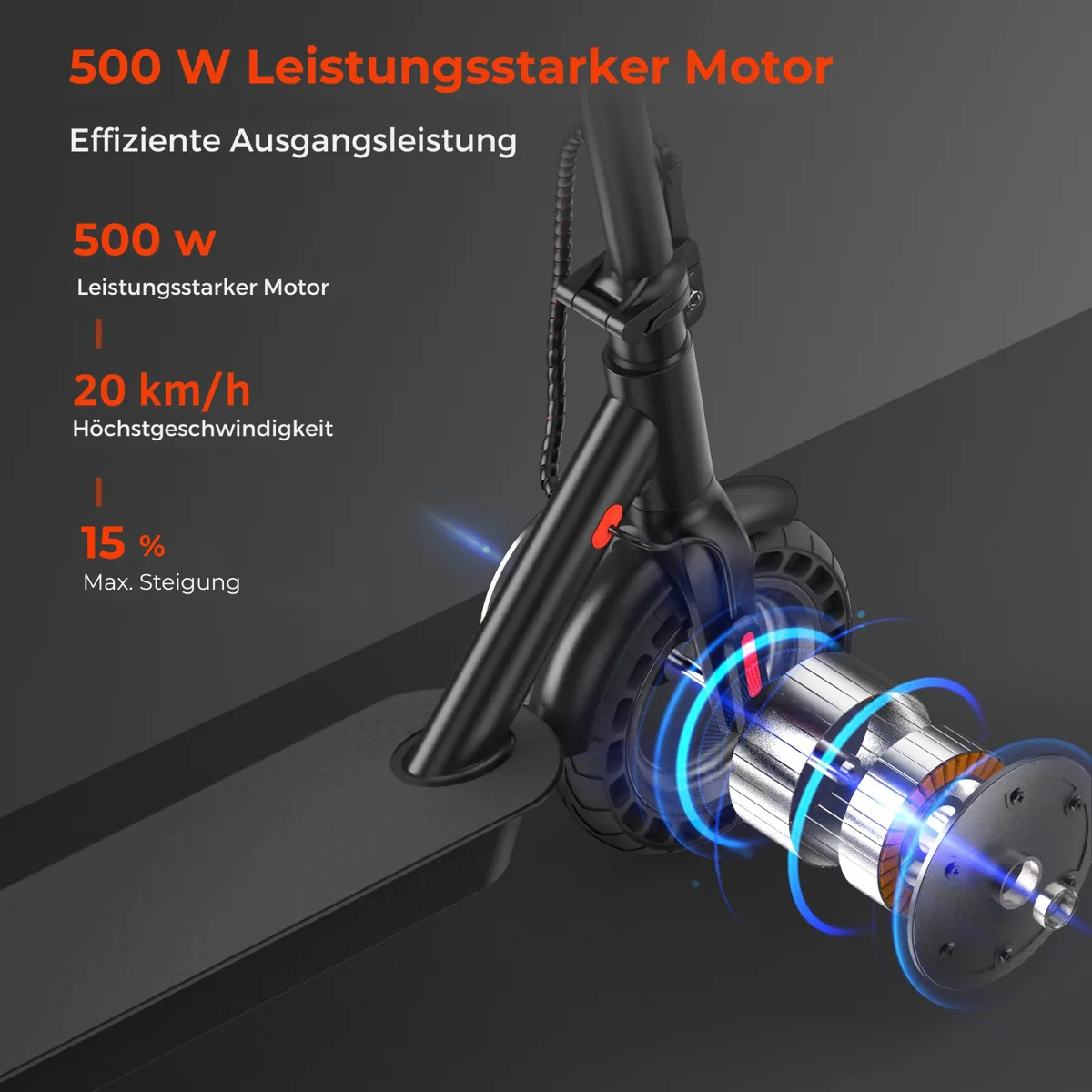 Roue avant et moteur de 500 W de l'isinwheel E9T Max, image explicative de la marque