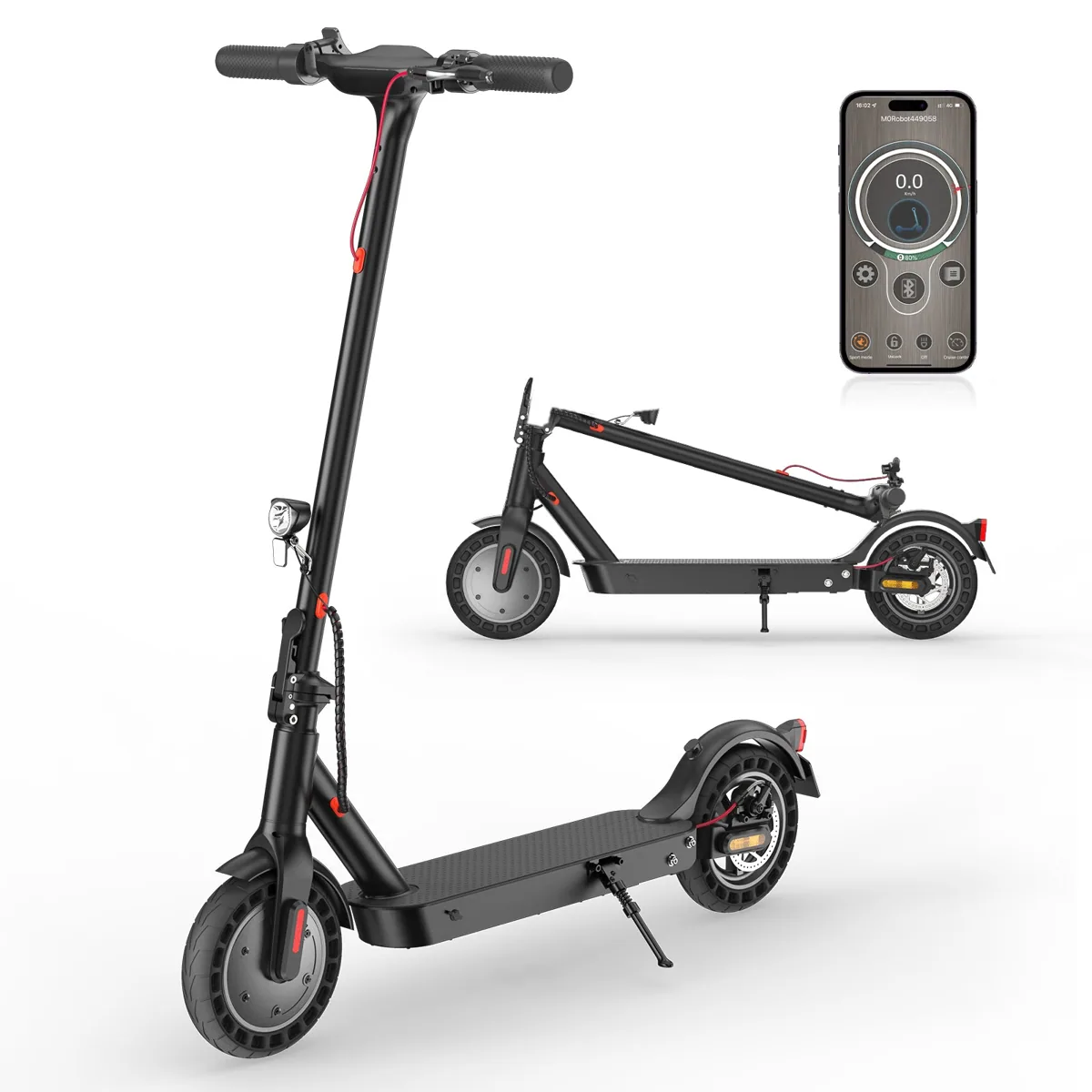 Trottinette électrique isinwheel E9T Max noire, vue de trois-quarts avant, avec en médaillon la version pliée et l'application
