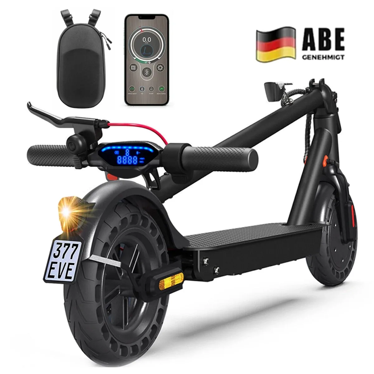 Trottinette électrique isinwheel E9T Max vue de trois-quarts arrière avec plaque d'assurance allemande, sacoche au guidon