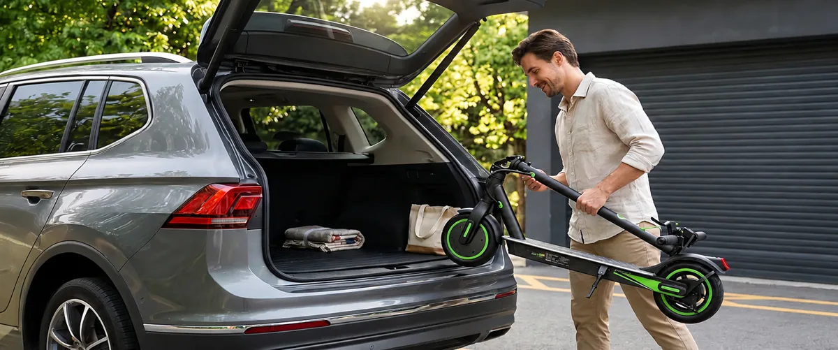 Homme sortant l'isinwheel S9 pliée du coffre d'une voiture