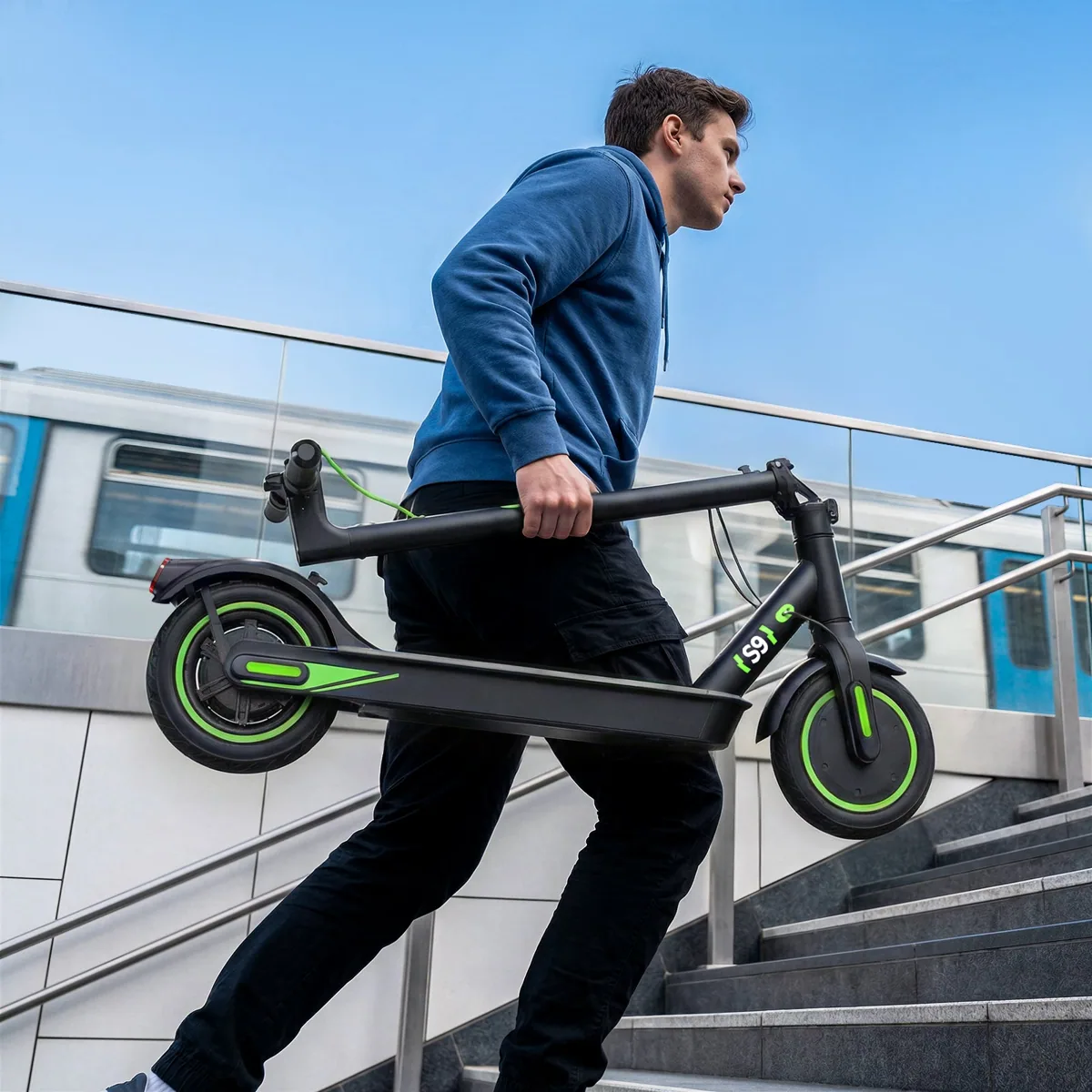 Homme montant un escalier en portant l'isinwheel S9 pliée d'une main