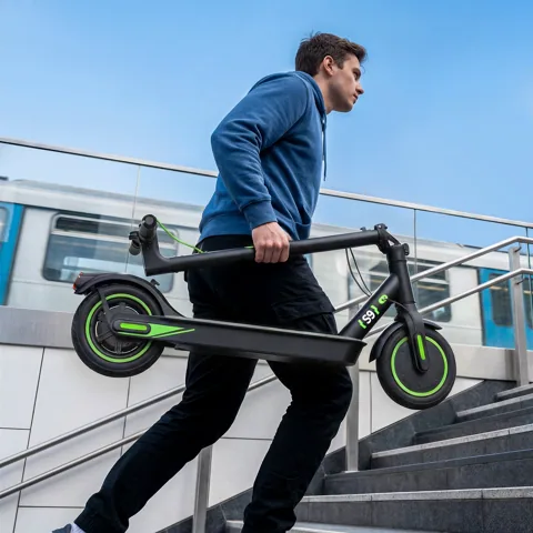 Homme montant un escalier en portant l'isinwheel S9 pliée d'une main