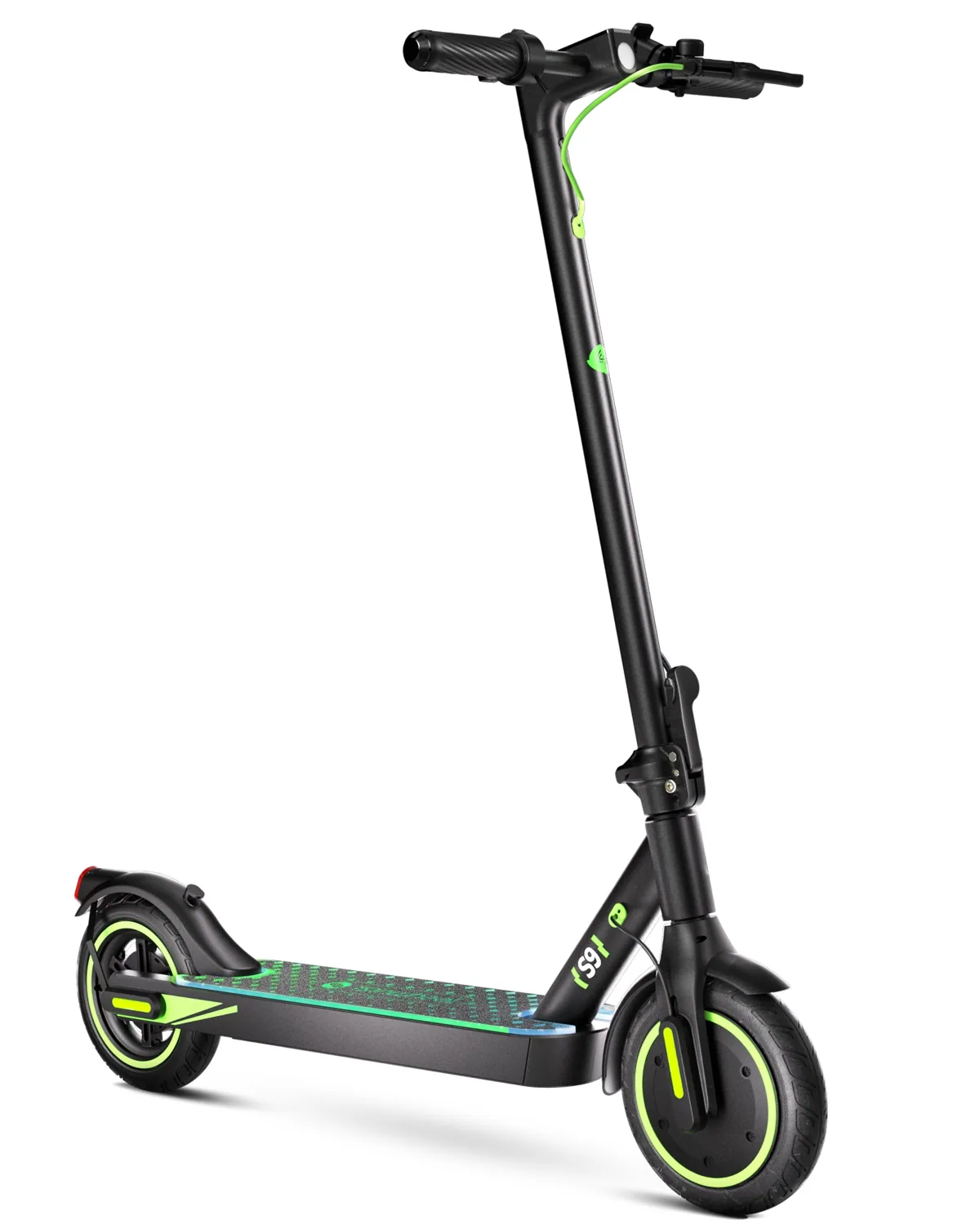 Trottinette électrique isinwheel S9 noire à liserés verts, vue de trois-quarts avant, guidon déplié