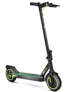 Trottinette électrique isinwheel S9 noire à liserés verts, vue de trois-quarts avant, guidon déplié