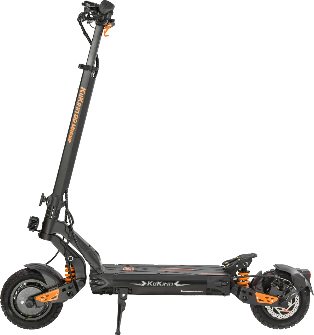 Trottinette électrique Kukirin G2 Master noire et orange, vue de profil, béquille sortie