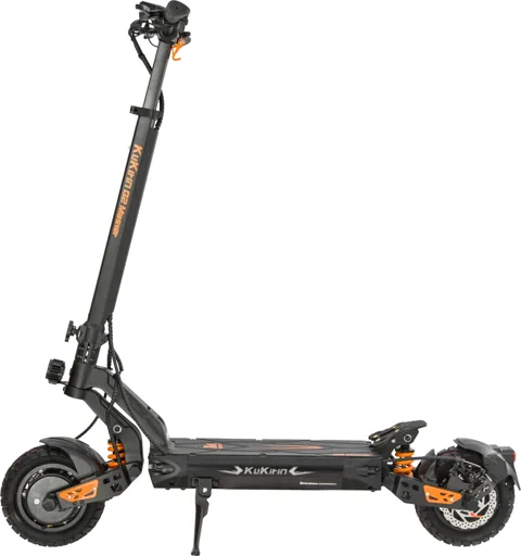 Trottinette électrique Kukirin G2 Master noire et orange, vue de profil, béquille sortie