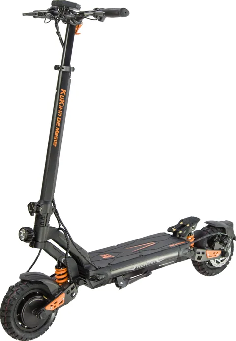 Trottinette électrique Kukirin G2 Master vue de trois quarts avant, pneus tout-terrain et amortisseurs orange