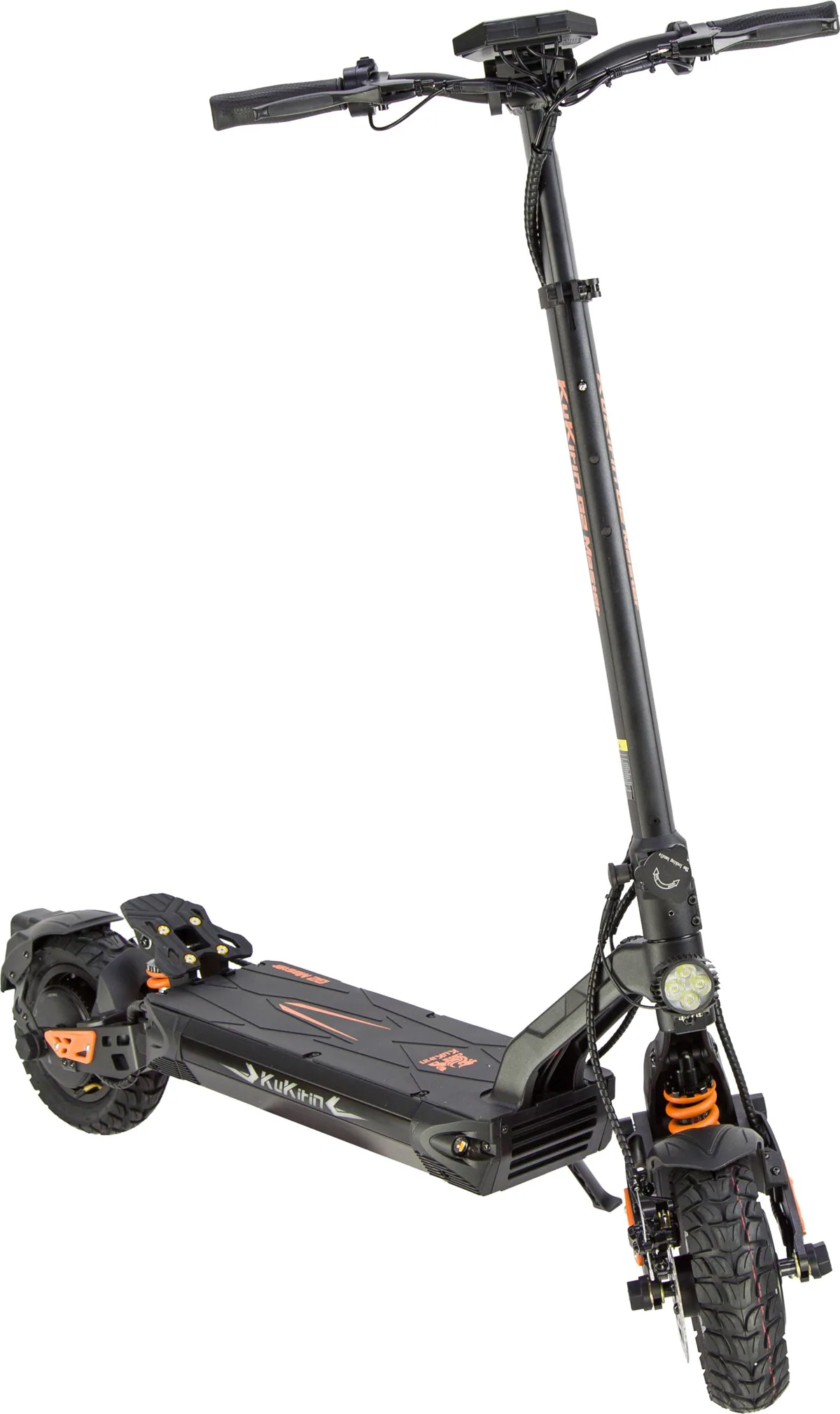 Trottinette électrique Kukirin G2 Master vue de trois quarts arrière depuis l'avant droit, phare et fourche suspendue visibles
