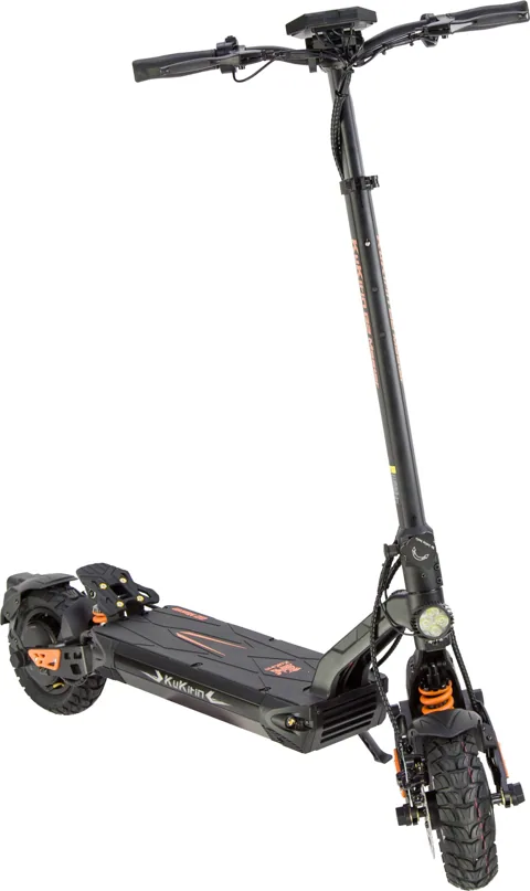 Trottinette électrique Kukirin G2 Master vue de trois quarts arrière depuis l'avant droit, phare et fourche suspendue visibles