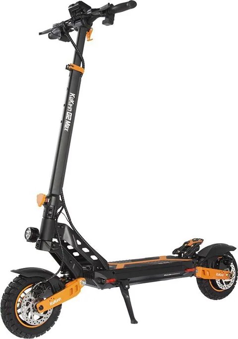 Trottinette électrique Kukirin G2 Max noire et orange vue de trois quarts avant, béquille sortie