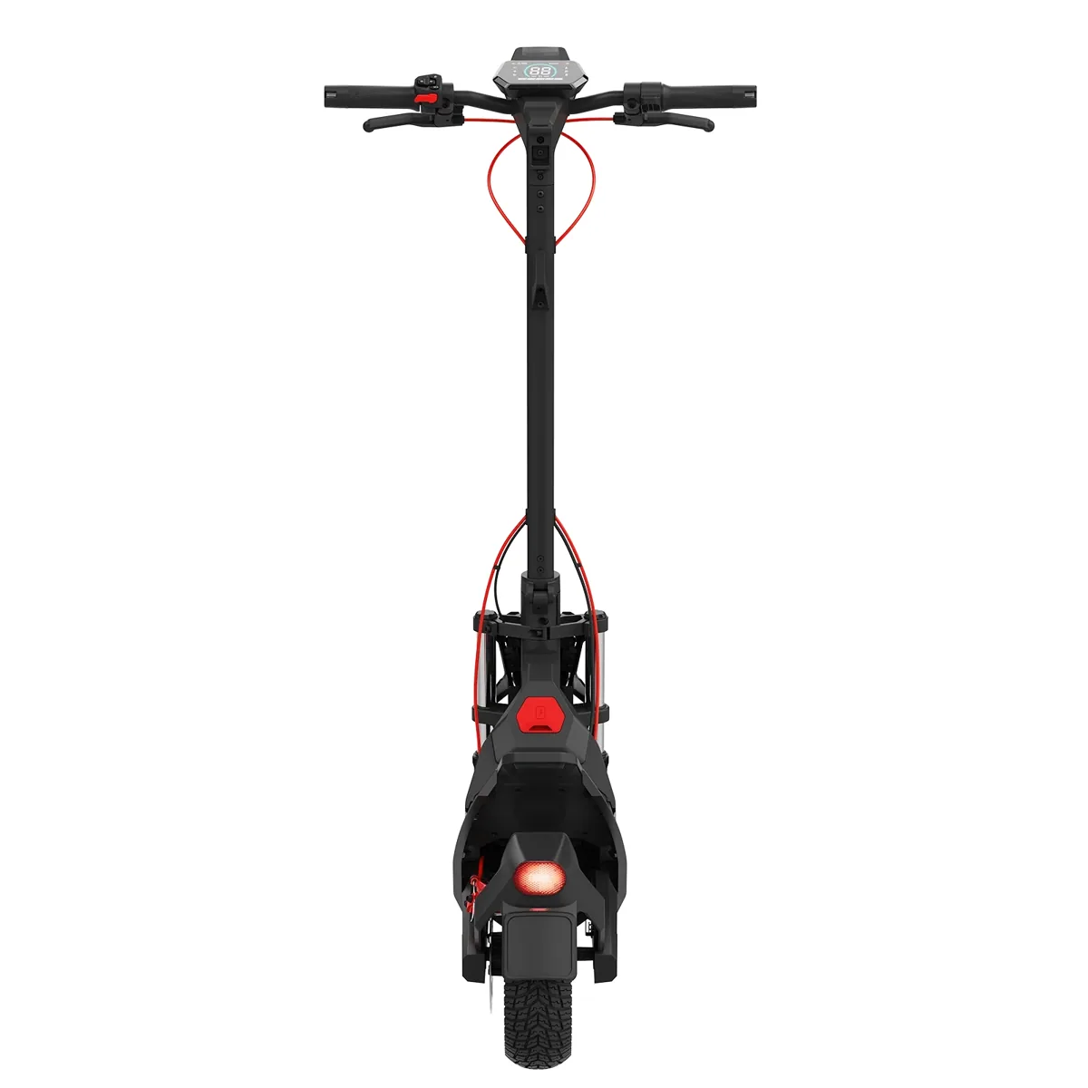 Trottinette électrique Navee NT5 Max vue de l'arrière, feu arrière rouge allumé