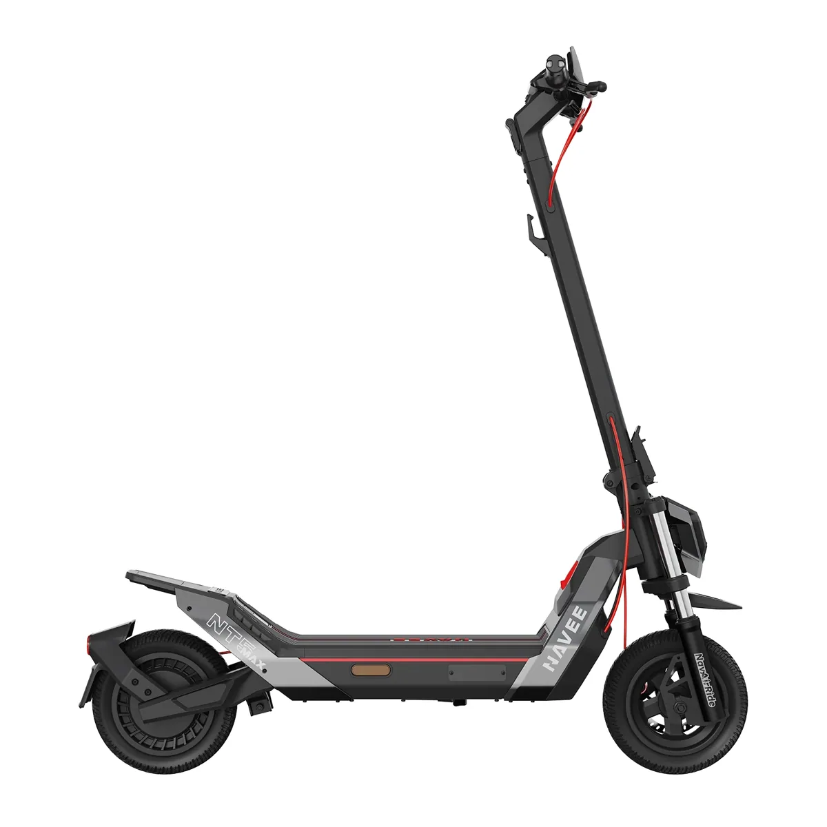 Trottinette électrique Navee NT5 Max vue de trois-quarts côté droit, roues à suspension visibles