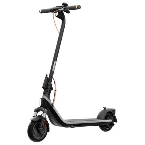 Trottinette électrique Segway Ninebot E2 Plus E II noire et grise, vue de trois quarts avant, dépliée
