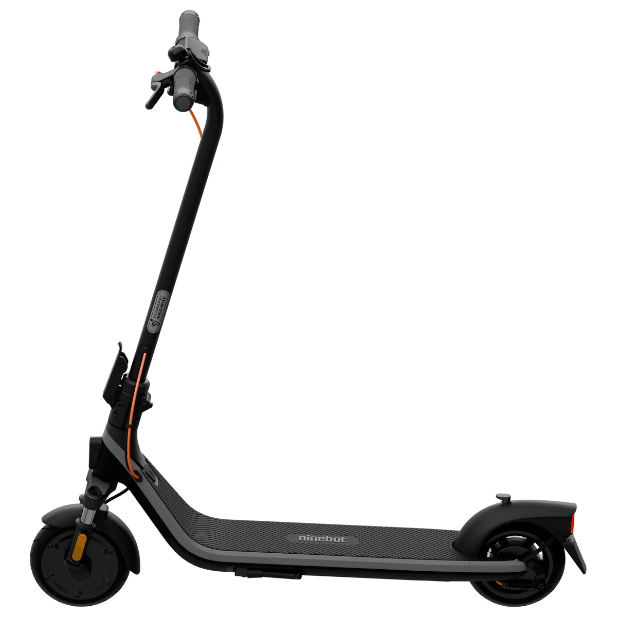 Trottinette électrique Segway Ninebot E2 Plus E II noire et grise, vue de trois quarts arrière, dépliée