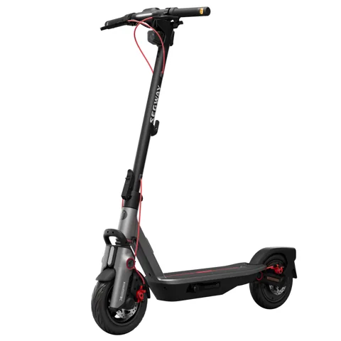 Trottinette électrique Segway F3 Pro E grise et noire, vue de trois quarts avant, dépliée