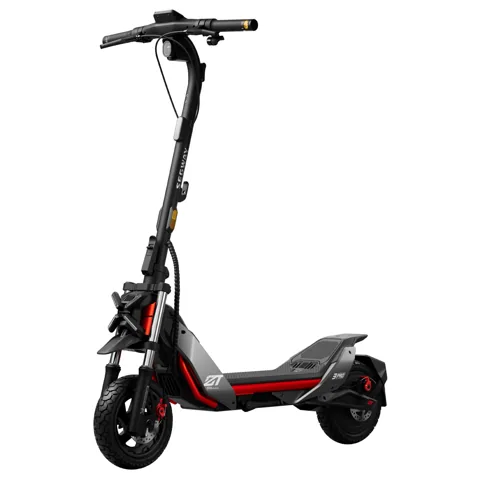 Trottinette électrique Segway ZT3 Pro E noire, grise et rouge, vue de trois quarts avant, dépliée