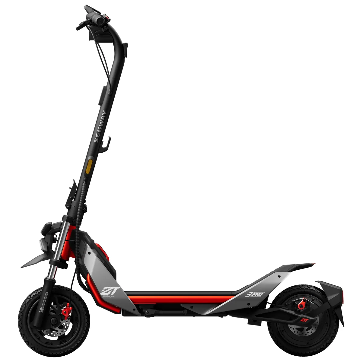Trottinette électrique Segway ZT3 Pro E noire, grise et rouge, vue de profil, dépliée