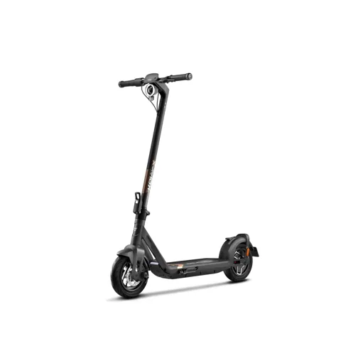 Trottinette électrique Niu KQi Air X noire à touches dorées vue de trois-quarts avant