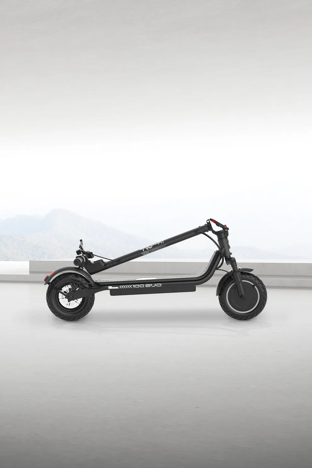 Trottinette électrique Urbanglide Ride 100 Evo noire pliée, vue de profil, posée au sol