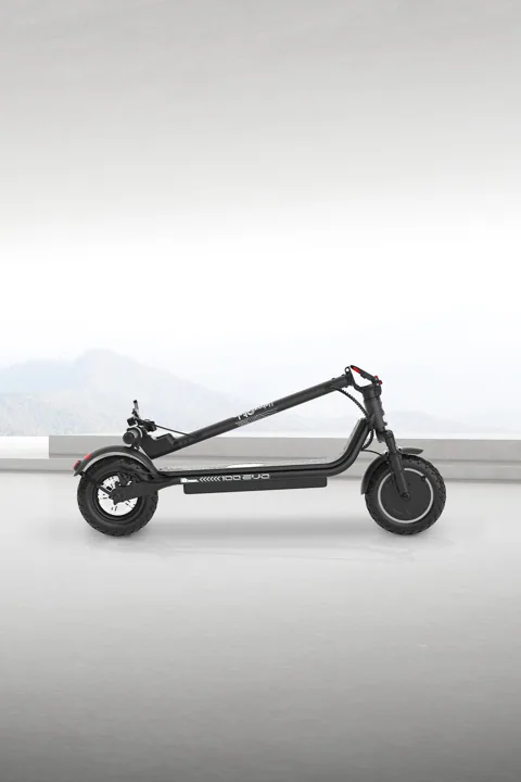 Trottinette électrique Urbanglide Ride 100 Evo noire pliée, vue de profil, posée au sol
