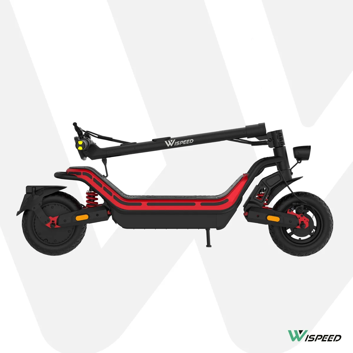 Trottinette électrique Wispeed SUV Pilot 150R noire et rouge pliée, vue de profil