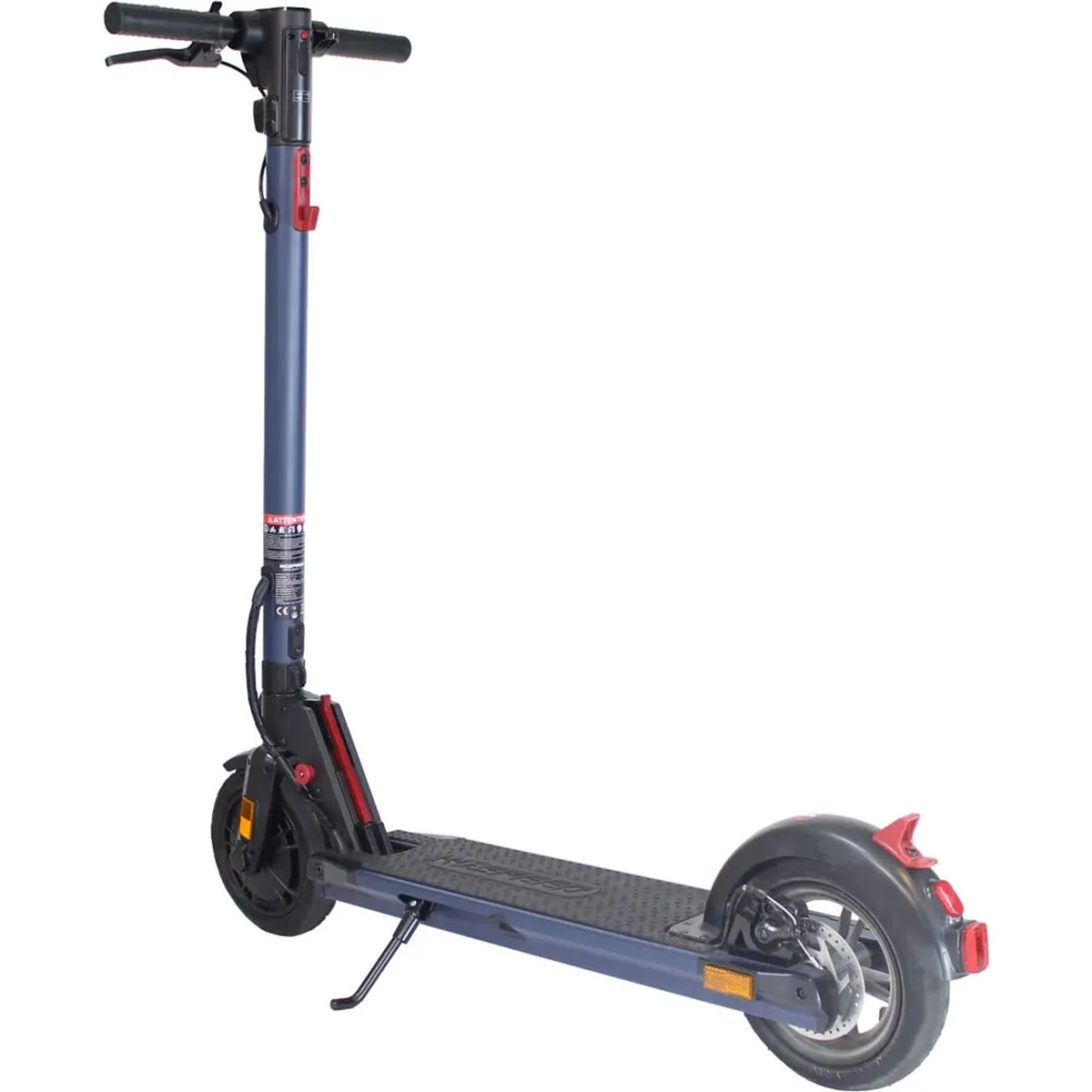 Trottinette électrique Wispeed T855 bleu nuit vue de trois quarts arrière, garde-boue et feu arrière rouges visibles