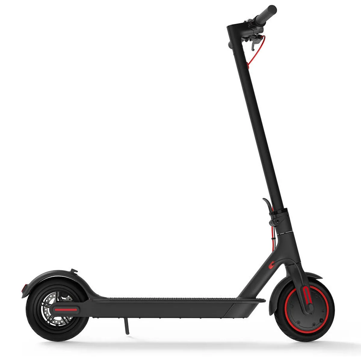 Trottinette électrique Xiaomi Mi Electric Scooter Pro (M365 Pro) noire à liserés rouges, vue de profil légèrement de trois quarts, dépliée