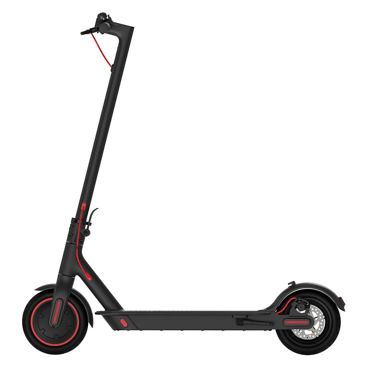 Trottinette électrique Xiaomi Mi Electric Scooter Pro (M365 Pro) noire à liserés rouges, vue de profil, dépliée
