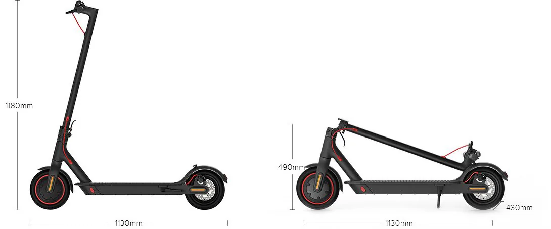 Mi Electric Scooter Pro vue de profil, dépliée et pliée, avec ses dimensions