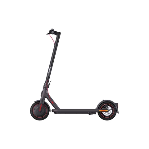 Trottinette électrique Xiaomi Electric Scooter 4 Pro noire aux jantes cerclées de rouge, vue de profil, dépliée