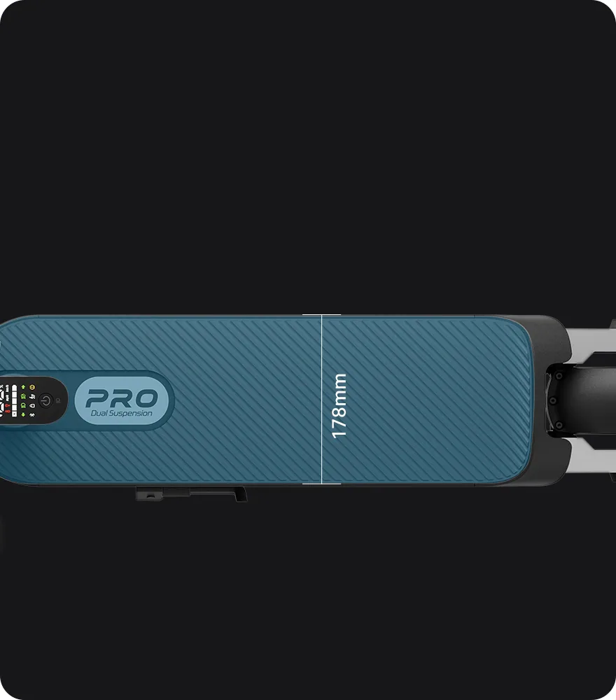 Plateau de la Xiaomi Electric Scooter 5 Pro vu de dessus, avec le logo Pro et la largeur indiquée (178 mm)